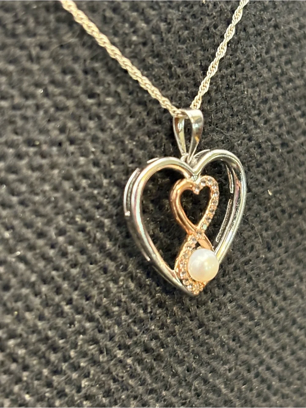 Two-Tone Heart Diamond & Pearl Infinity Necklace - Gold and Silver
